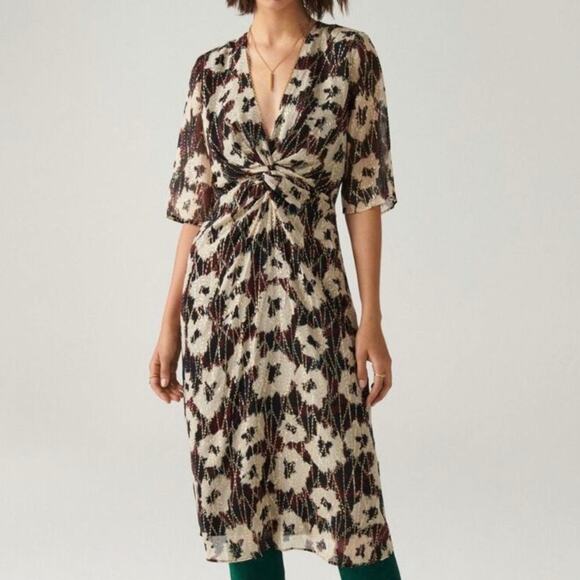 Ba&sh Kaz Metallic Floral Twist Knot Midi Dress Womens Small - Picture 1 of 16
